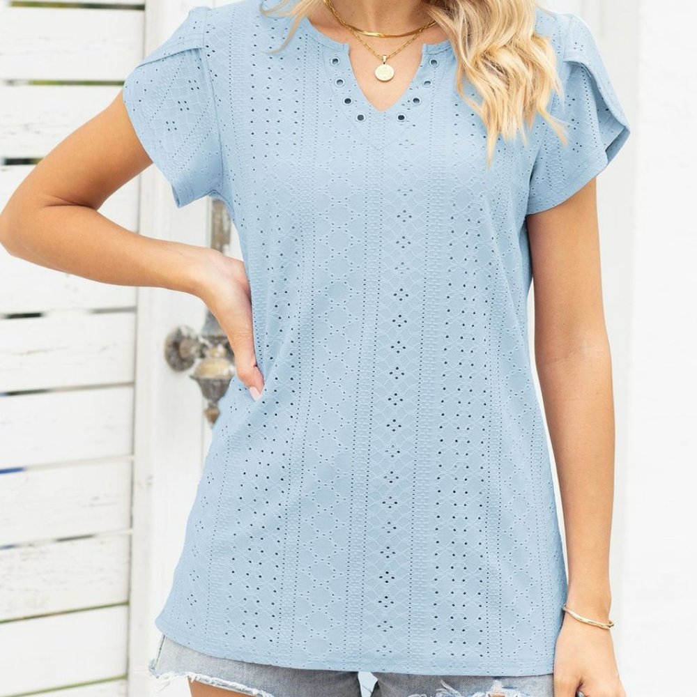 V-neck button hollow loose short-sleeved T-shirt